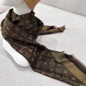 Louis Vuitton Brown and Gold Monogram Silk Blend Scarf